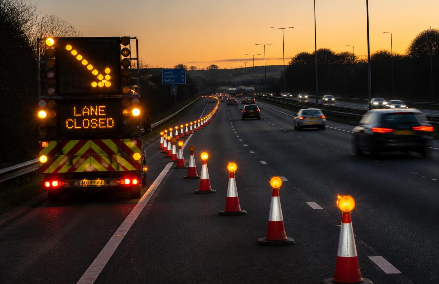 Night-time lane closure with arrow board and cone taper